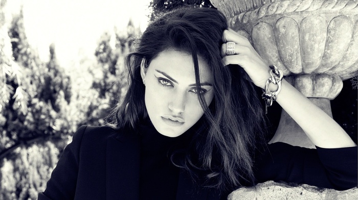 face, black outfits, monochrome, phoebe tonkin, looking at viewer, actress, model, girl, trees, girl outdoors, brunette, long hair