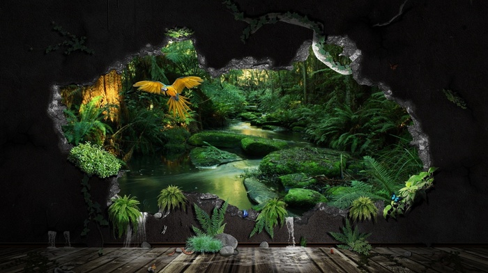 nature, plants, rock, water, parrot, CGI, walls, wooden surface, birds, jungles, stream, digital art, trees