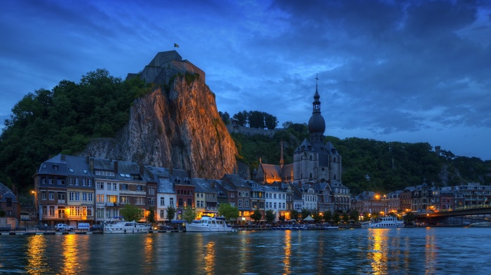 lights, tower, house, trees, church, reflection, river, cityscape, architecture, forest, evening, bridge, Belgium, rock, clouds, flag, building, water, ship, town