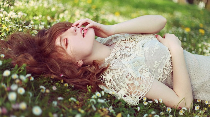 auburn hair, flowers, lying down, closed eyes, girl, grass