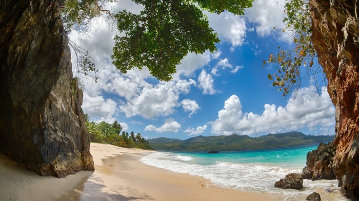 landscape, palm trees, Dominican Republic, beach, sand, tropical, mountain, nature, clouds, rock, island, Caribbean