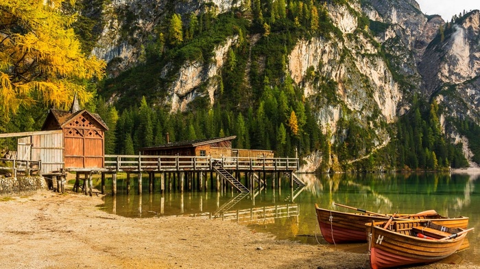 lake, dock, forest, beach, landscape, nature, cliff, Italy, trees, Alps, mountain, boat