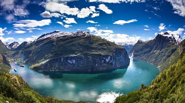 blue, clouds, landscape, Norway, green, Geiranger, water, snowy peak, mountain, nature, sea, forest, white, cruise ship, panoramas