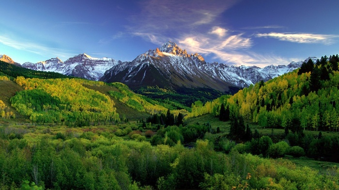 snowy peak, green, clouds, Colorado, mountain, trees, nature, sunrise, landscape, forest