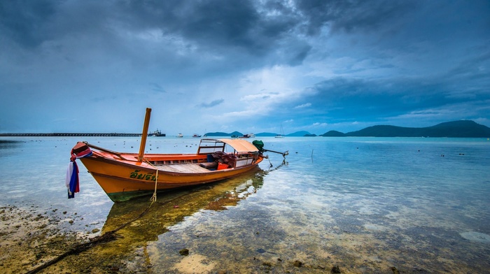 hill, ship, reflection, water, sea, clouds, boat, landscape, nature, pier, Thailand