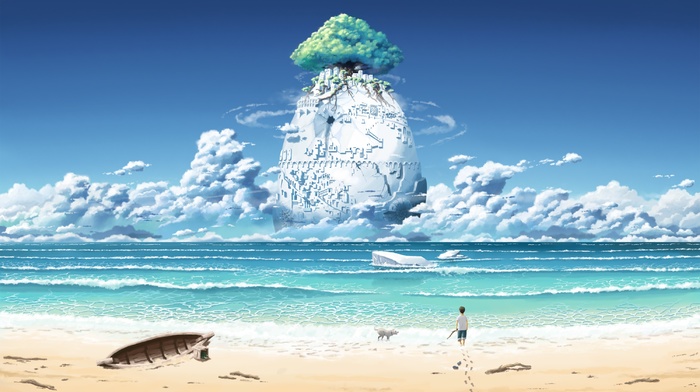 fantasy art, sea, trees, beach, waves, clouds