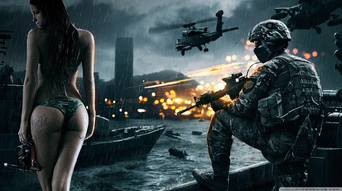 soldier, digital art, war, bikini, brunette, girl