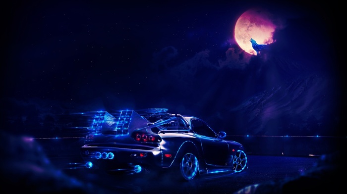 wolf, moon, neon, car