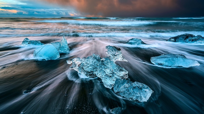 waves, nature, water, long exposure, sea, Iceland, ice, beach