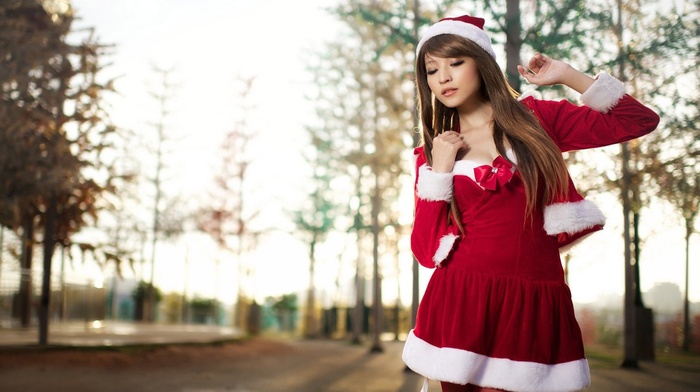 Agnes Lim, santa, Christmas, long hair, Santa costume, auburn hair, girl, Asian