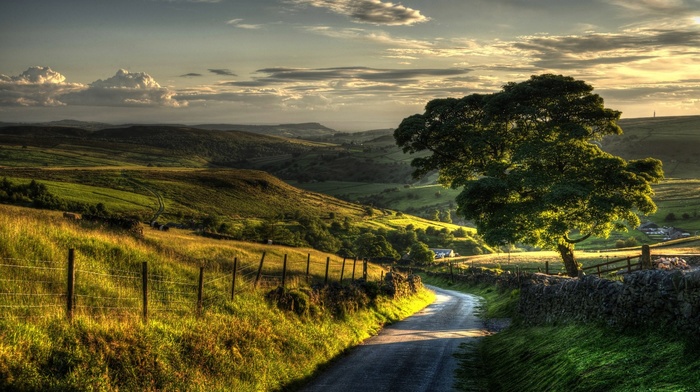 fence, field, landscape, trees, hill, road, green, clouds, grass, nature, sunset, villages