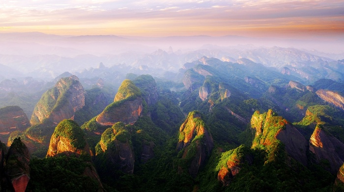 cliff, nature, China, mist, clouds, forest, landscape, mountain, sunset
