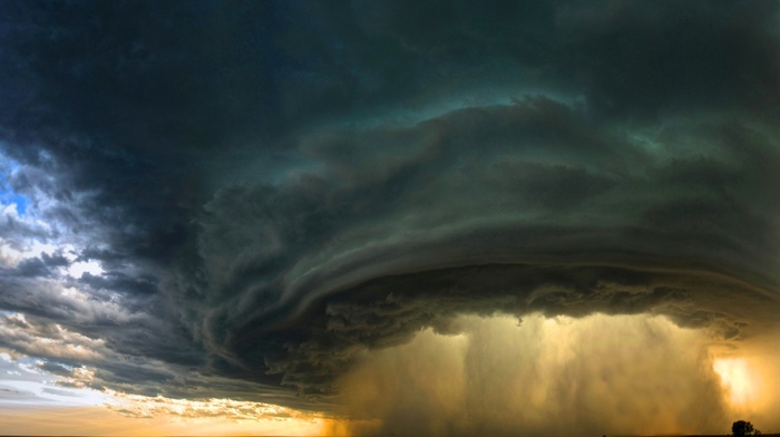 Supercell, huge, Montana, storm, nature, landscape, field, clouds, sunset