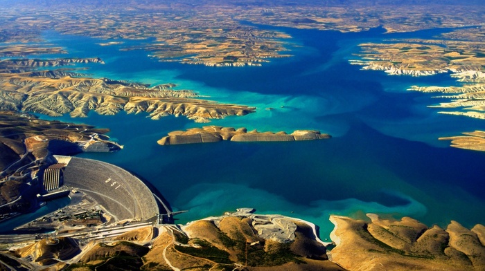 water, lake, blue, aerial view, dam, hill, nature, landscape, panoramas, Turkey