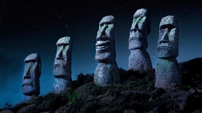 Easter Island, stone, Chile, monuments, starry night, statue, Moai, landscape, nature