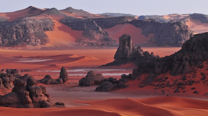 red, dune, landscape, desert, Algeria, girl outdoors, girl, rock, nature, Sahara, mountain