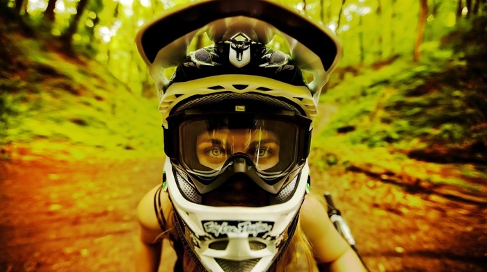 girl, closeup, forest, helmet