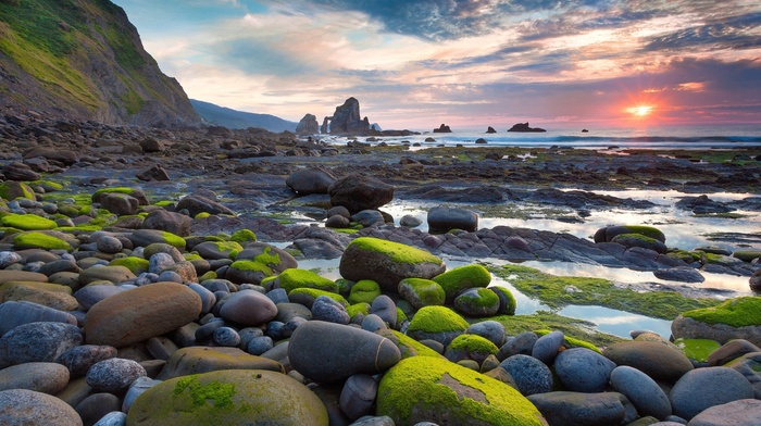 sunset, nature, landscape, clouds, stones