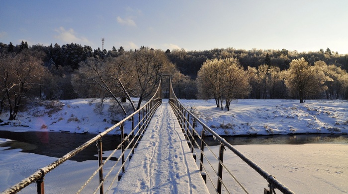bridge, path, river, landscape, nature, trees, snow