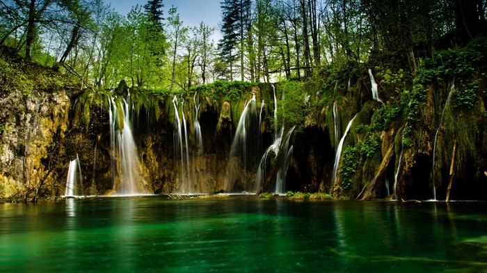 trees, nature, waterfall, landscape, lake