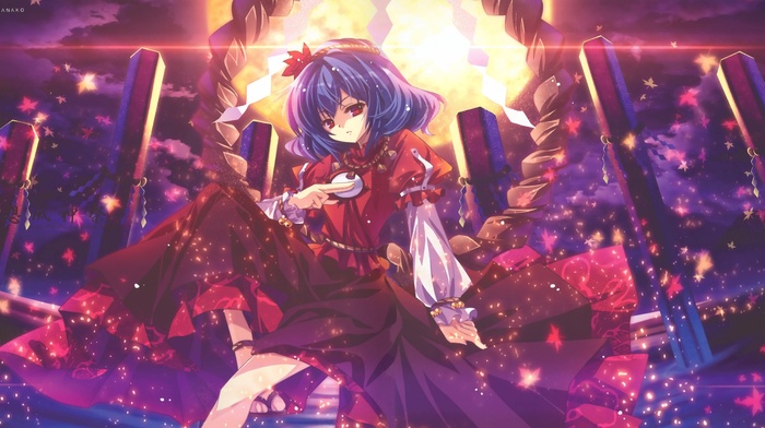 blue hair, red eyes, touhou, Yasaka Kanako, red dress