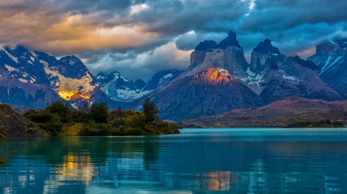 shrubs, sunrise, water, clouds, nature, lake, landscape, mountain, sunbeams, snowy peak, Chile, Torres del Paine