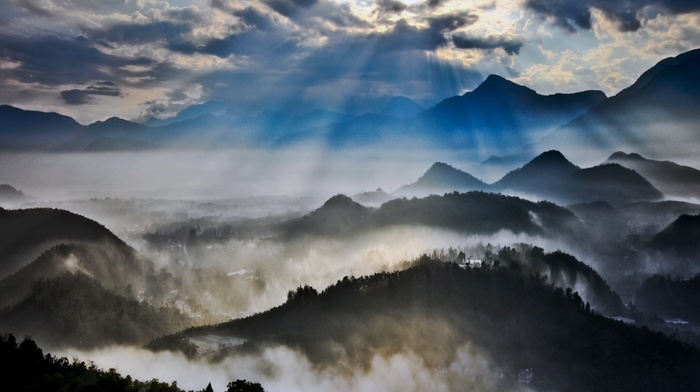 valley, clouds, mountain, sun rays, mist, nature, Taiwan, landscape