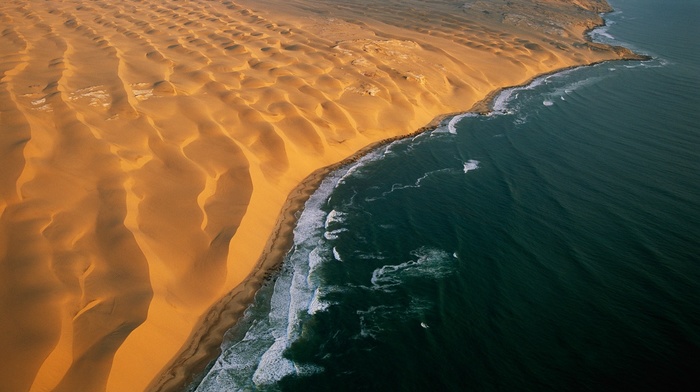 dune, nature, sea, landscape, sand, Namibia, coast, waves, desert, aerial view, beach