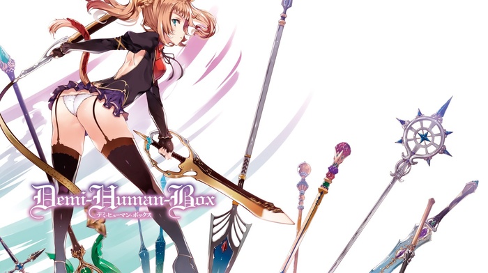 simple background, blonde, knee, highs, anime, panties, sword, weapon, bent over, ass, anime girls, long hair