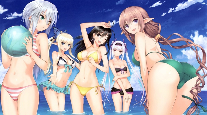 Tony Taka, anime, cleavage, sea, anime girls, bikini, ass