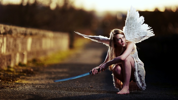 white dress, blonde, sword, girl, dress, wings