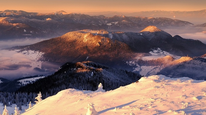 winter, landscape, sunbeams, nature, sunrise, forest, mountain, sunlight, snow, clouds