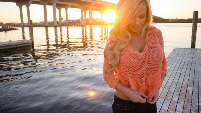 Aida Ridic, bridge, sunset, girl, jeans, orange, river, blonde, model