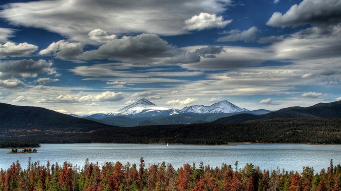 mountain, clouds, lake, fall, landscape, forest, boat, island, nature, hill, trees, snow