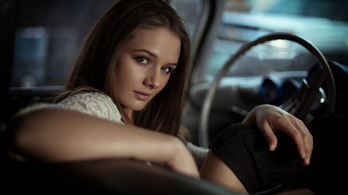 portrait, legs, model, car interior, hand, brunette, vehicle interiors, long hair, brown eyes, face, looking at viewer, girl
