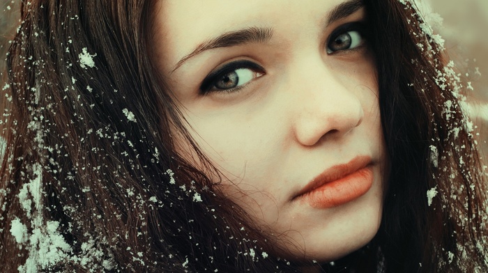 portrait, girl, model, looking at viewer, girl outdoors, red lipstick, winter, brunette, snow, face, long hair
