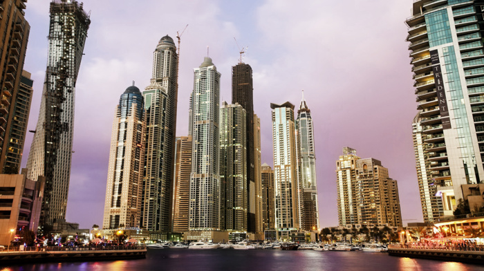 boat, lights, cityscape, building, Dubai