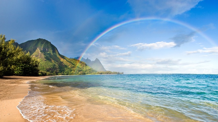 Hawaii, trees, clouds, sea, mountain, sand, beach, island, rainbows, landscape, nature