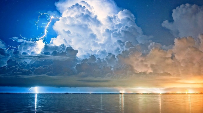 blue, water, white, starry night, landscape, sea, yellow, clouds, nature, storm, street light, Florida, Cape Canaveral, lightning