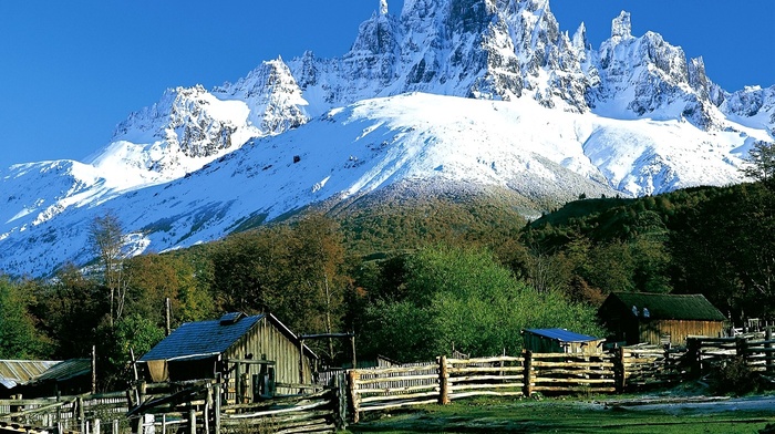 nature, Patagonia, landscape, grass, hut, mountain, trees, fence, snowy peak, morning, Chile