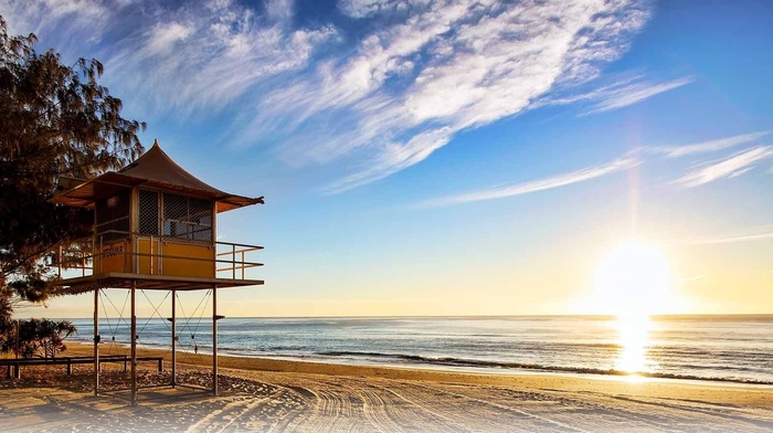 sand, landscape, trees, Australia, beach, sea, clouds, nature, sunrise, lifeguard stands
