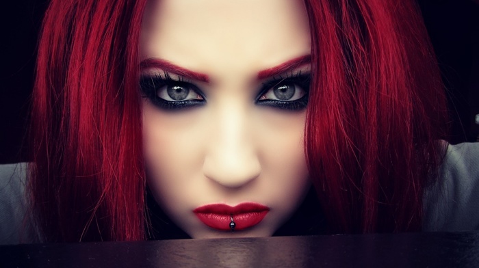 pierced lip, face, Gothic, portrait, girl, looking at viewer, gray eyes, model, DeviantArt, blue eyes, niky von macabre, long hair, bloodsuccubus, makeup, airbrushed, redhead