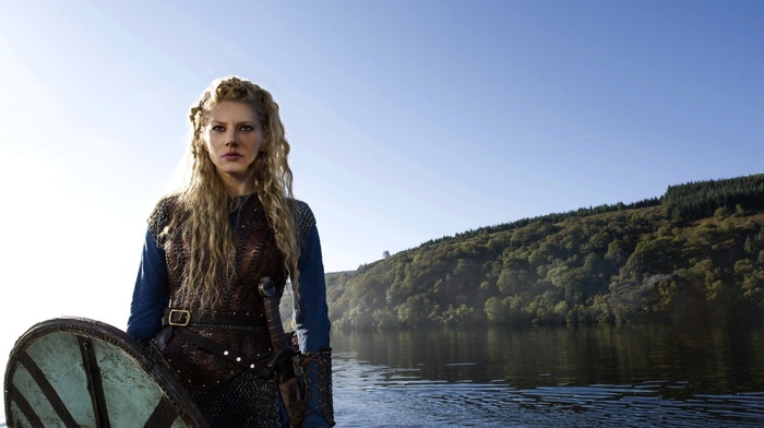 shields, vikings, blonde, Lagertha Lothbrok, sword, Vikings TV series, Katheryn Winnick, girl
