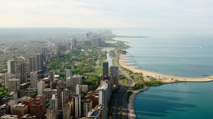 cityscape, road, sea, building