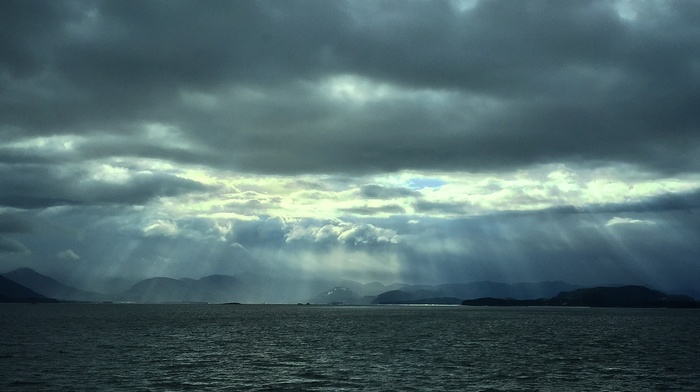 nature, sea, mountain, sun rays, Norway, sky