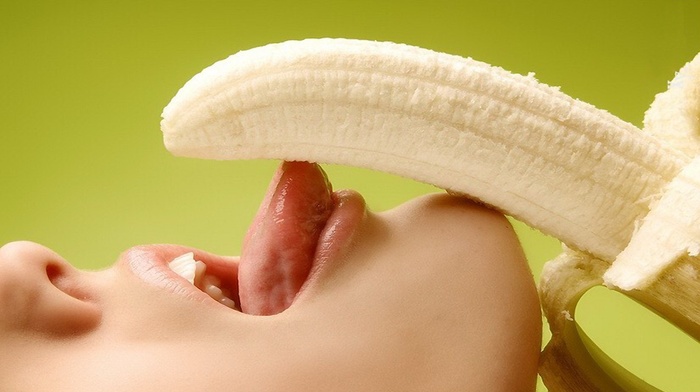 phallic symbol, innuendo, tongues, girl, licking, food, bananas, closeup