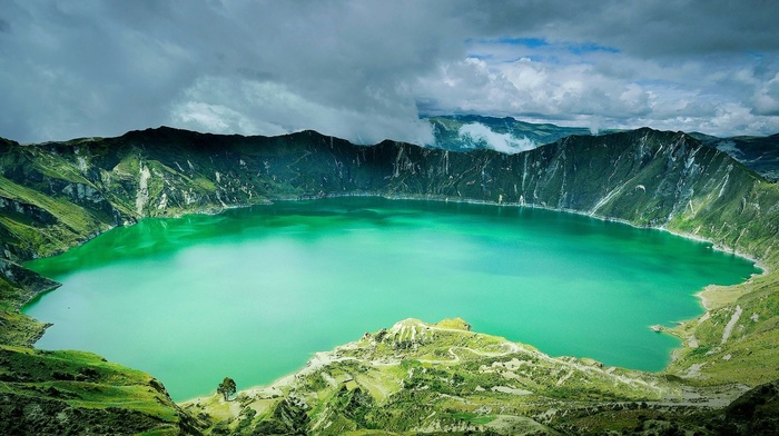 volcano, water, grass, Andes, nature, landscape, green, clouds, Caldera, mountain, Ecuador