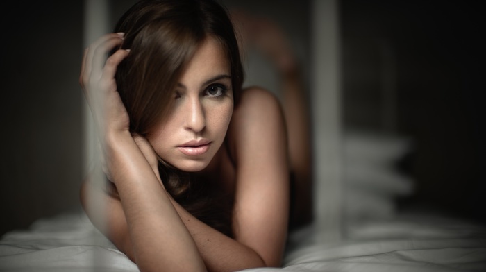 model, in bed, brown eyes, girl, brunette