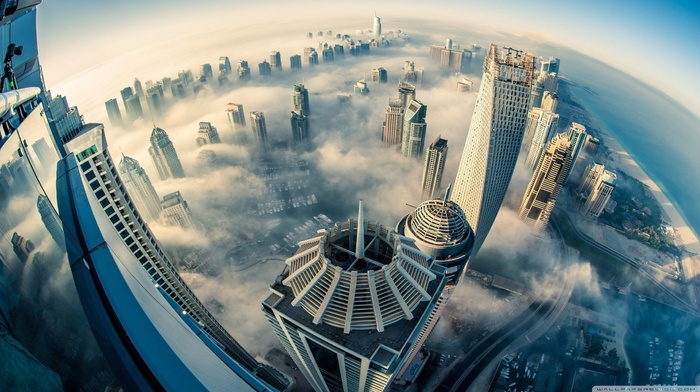 cityscape, building, fisheye lens, clouds, aerial view, Dubai