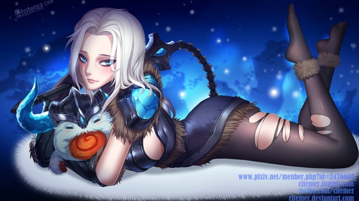 pantyhose, League of Legends, weapon, short hair, legs, anime, gloves, torn pantyhose, legs up, white hair, anime girls